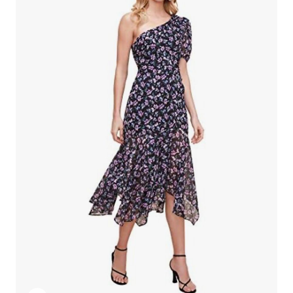 ASTR The Label dress midi floral black one shoulder Adriana drop waist size s